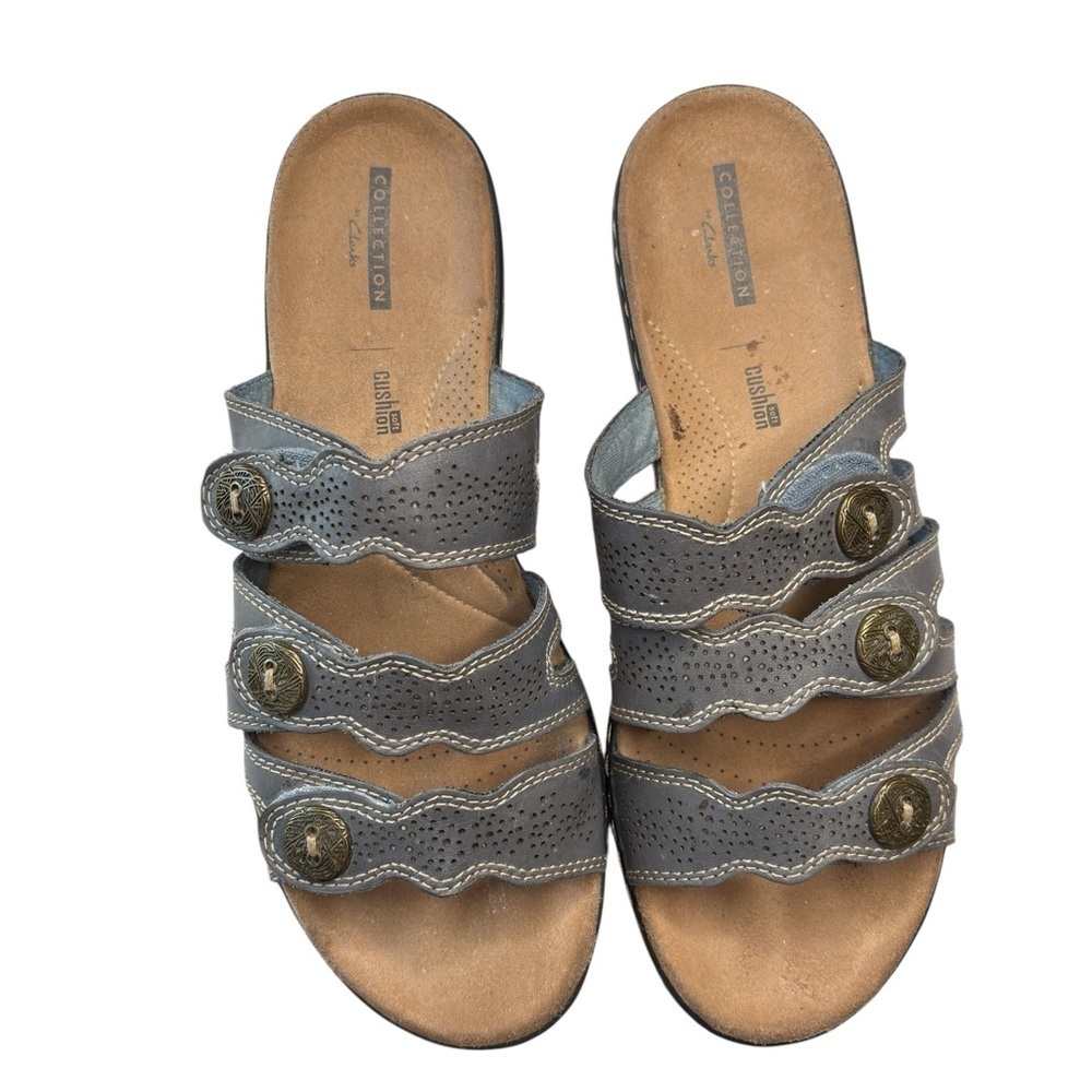 Clarks Soft Cushioned Leisa Taupe Leather Strap SlipOn Sandals Sz 9.5 Adjustable - Picture 8 of 10